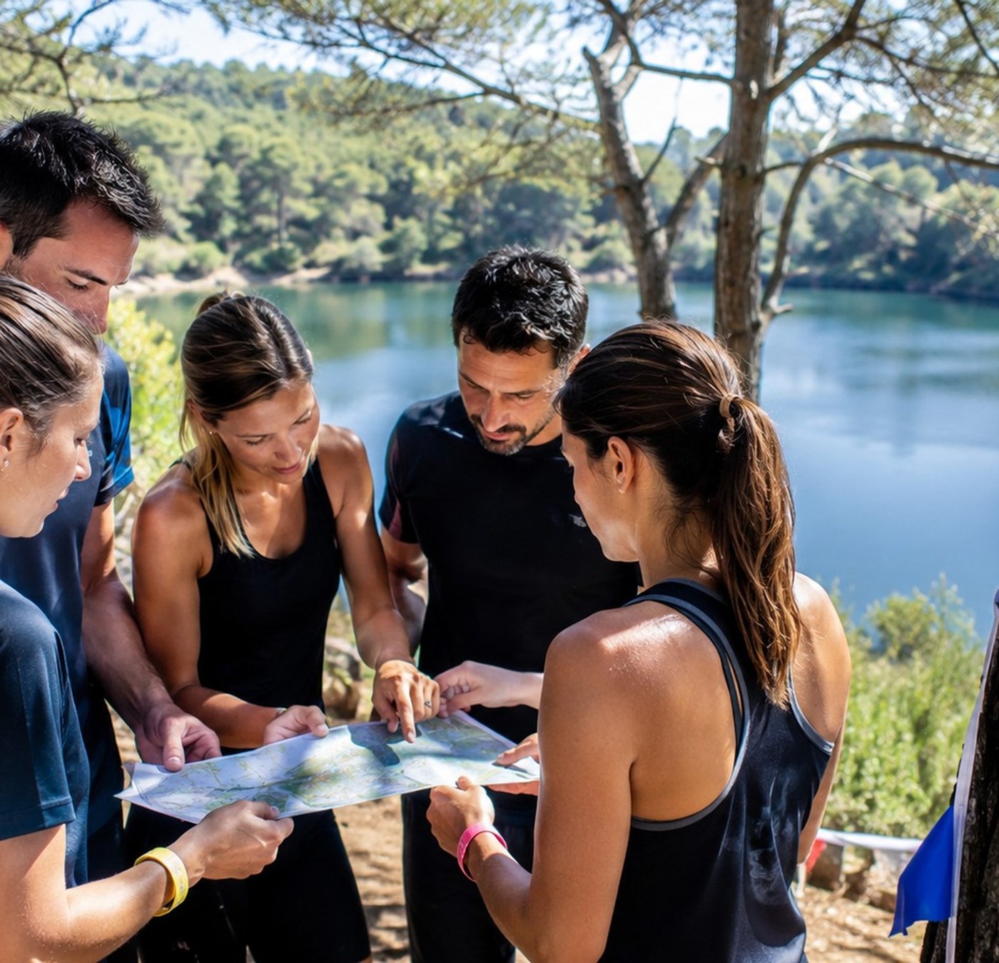 Un grupo consulta un mapa junto a un lago