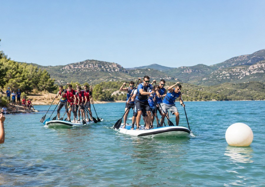 Equipos remando juntos sobre tablas colectivas en un lago